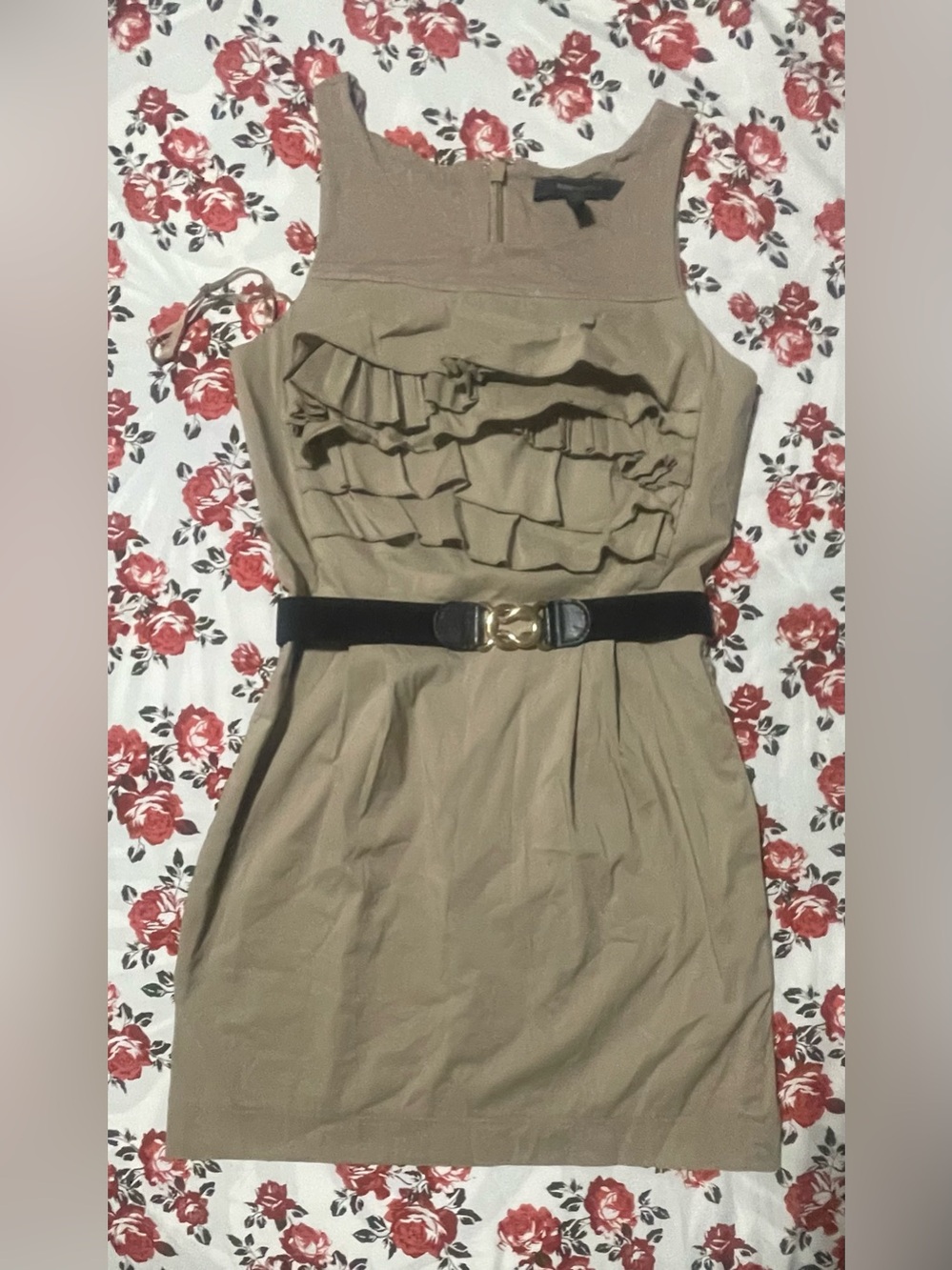 BCBGMaxAzria Tan Sleeveless Ruffle Front Dress with Black Belt